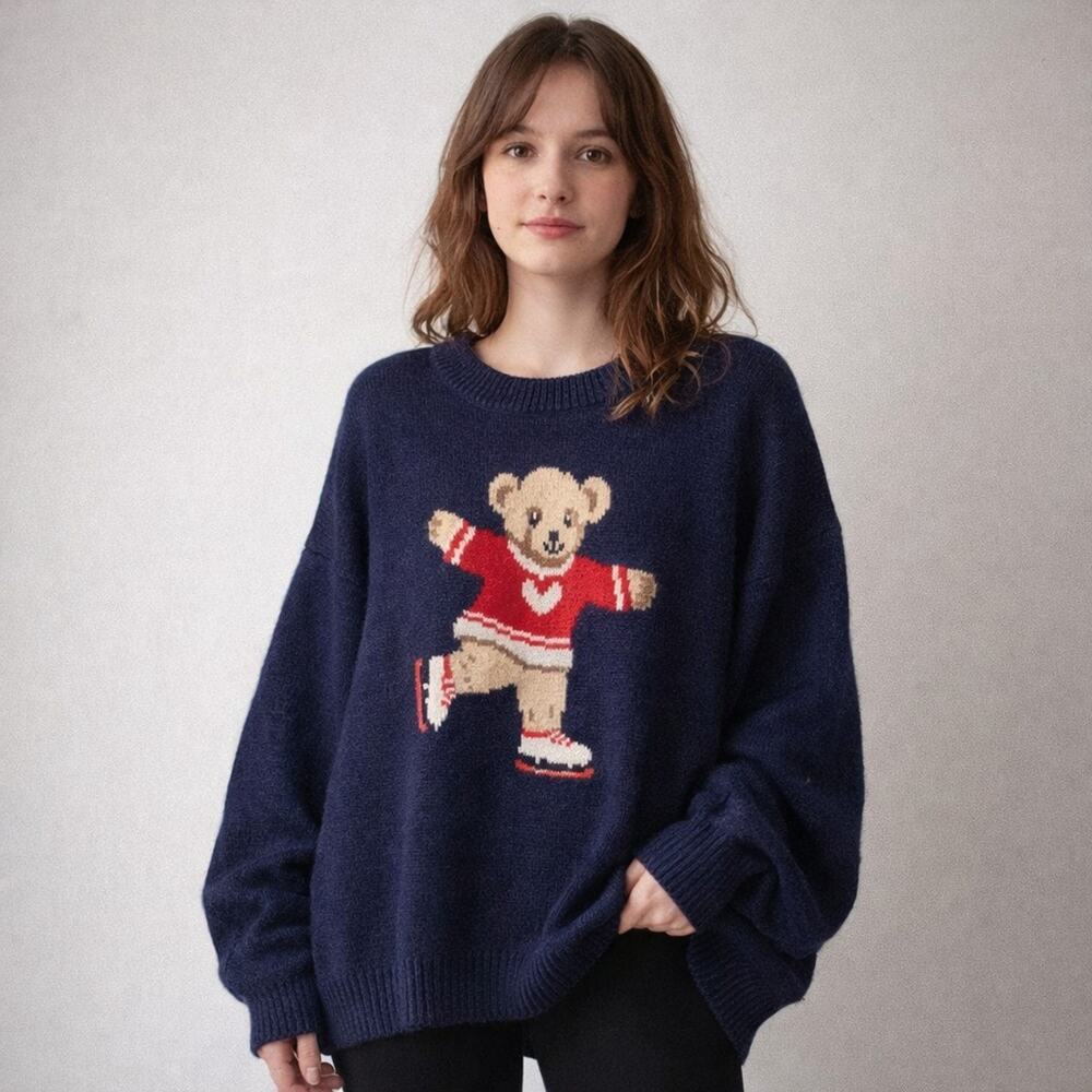 NWT Daisy Street Sweater Sz XL Ice Skating Teddy Bear Oversized Pullover Cute